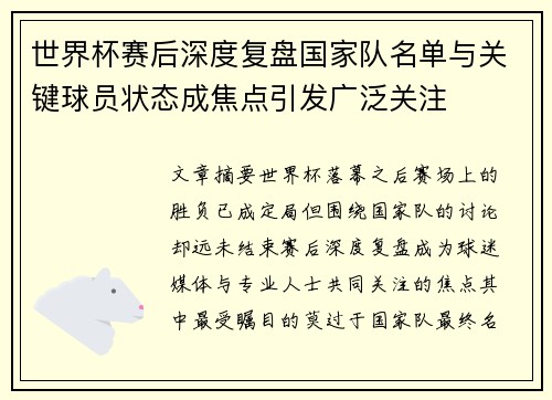 世界杯赛后深度复盘国家队名单与关键球员状态成焦点引发广泛关注